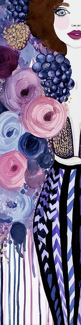 Free purple bookmark featuring a lady standing next to flowers